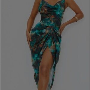Green print satin cowl neck dress